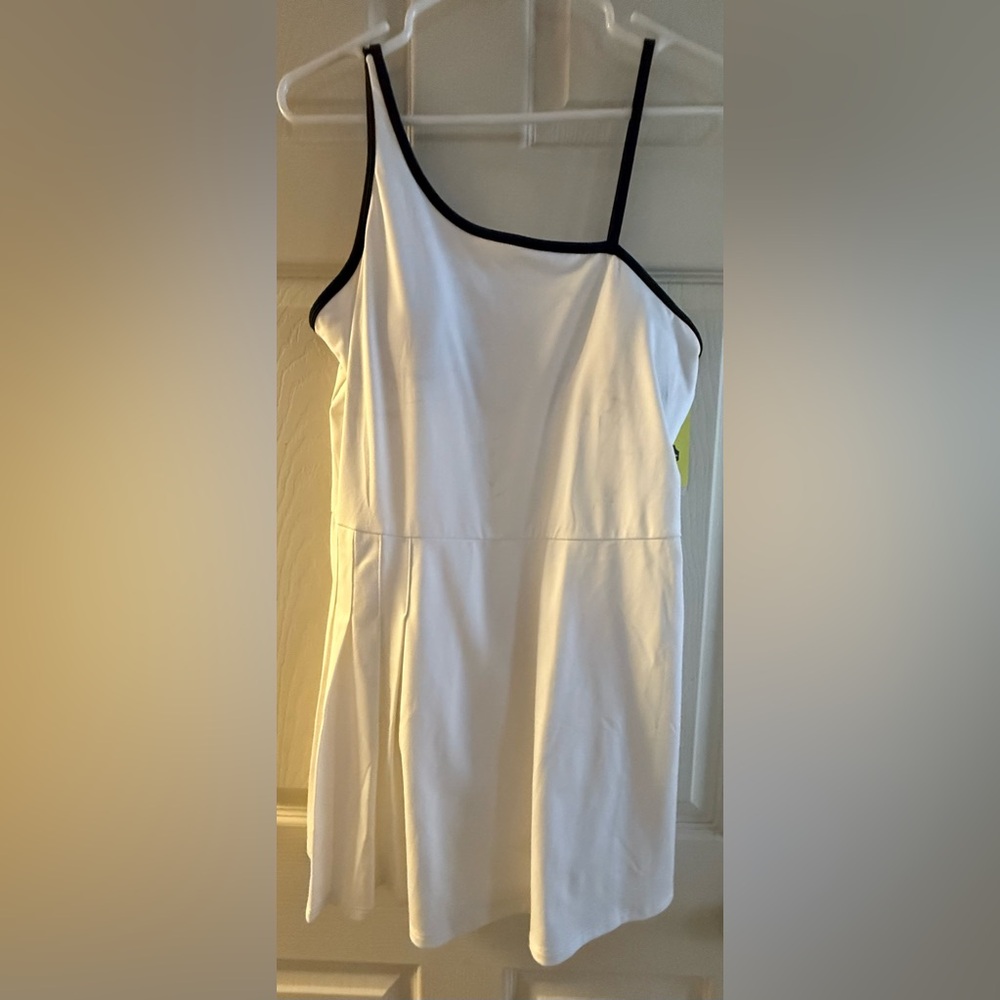 Chic White One Shoulder Athletic Dress with Black Trim with Built in Shorts